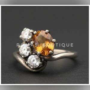 Sterling Silver Vintage Citrine Stone and Crystal Gemstone Ring